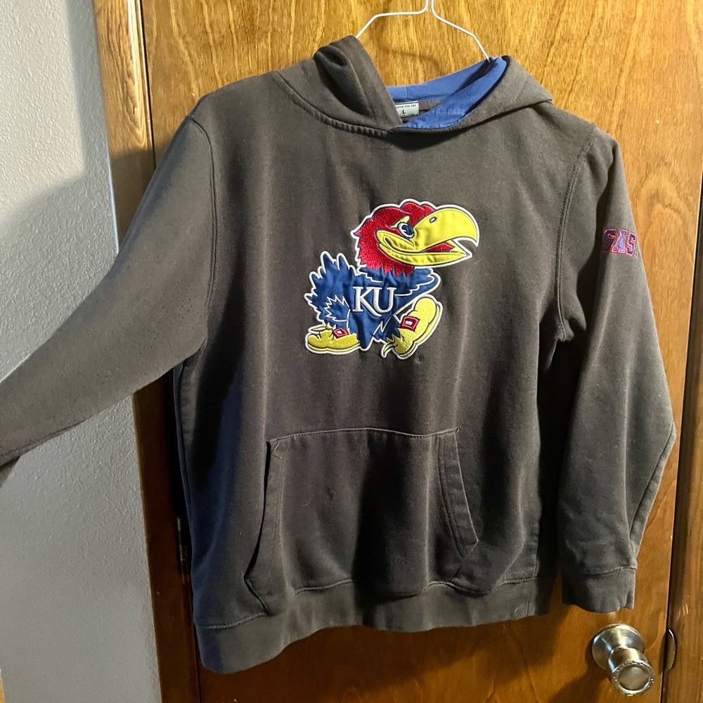 KU pull over hoodie. Grey with Jayhawk kids sz. L